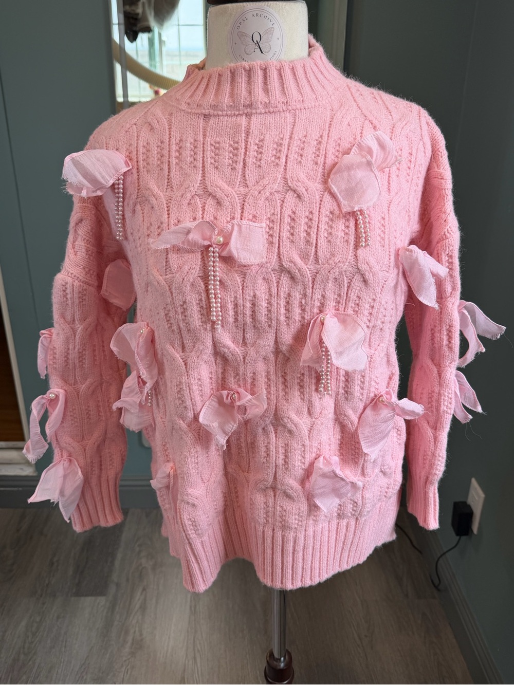 Y2K Pink 3D Floral Pearl Cable Knit Oversized Sweater Coquette XS/S